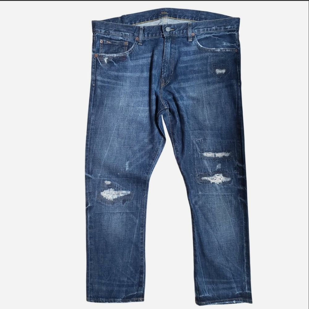 **sold 3-14-26**Polo Ralph Lauren The Varick Slim Distressed Blue Jeans RN#41381